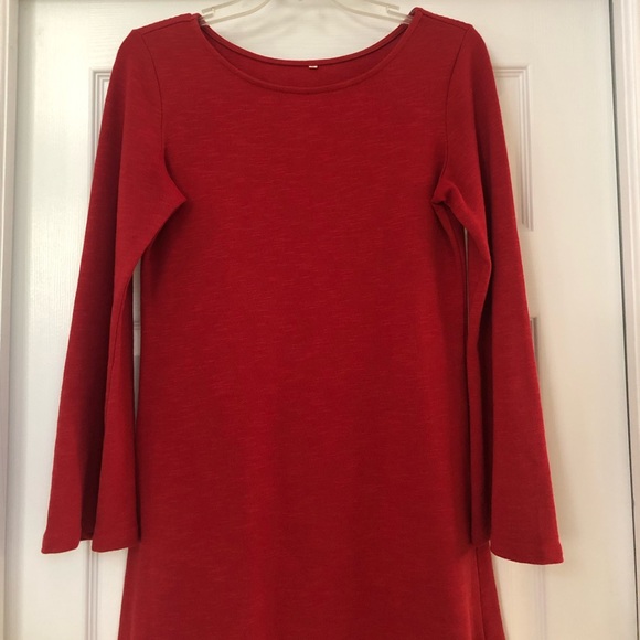 SheIn Cotton Red Long Bell Sleeve Shift Dress - Picture 3 of 16